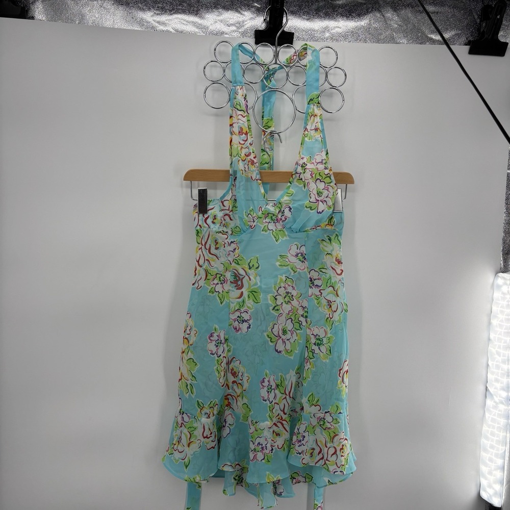 blue floral halter dress sheer fabric ruffled skirt Size Small